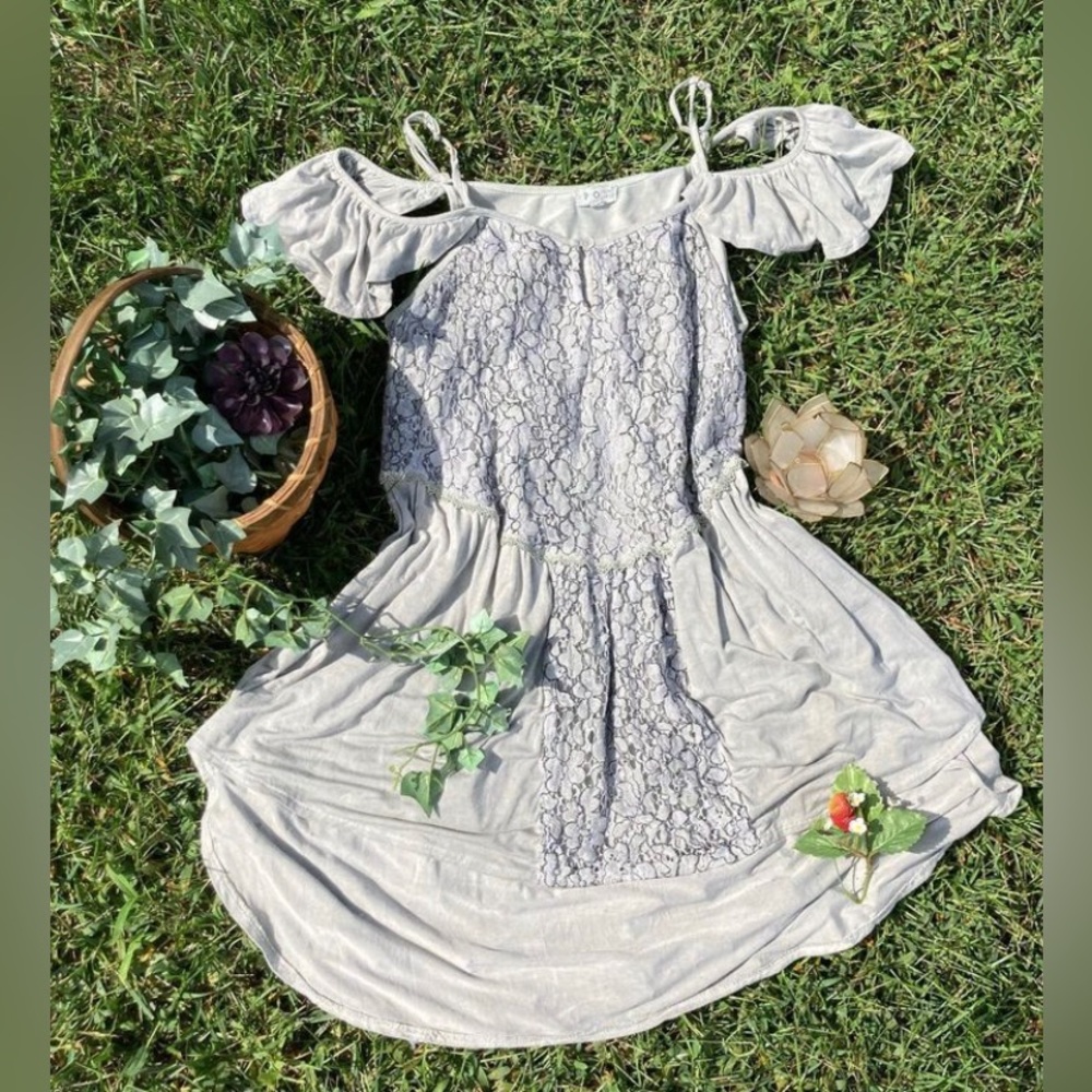 POL boutique fairycore sage green dress with lace and off shoulder high low